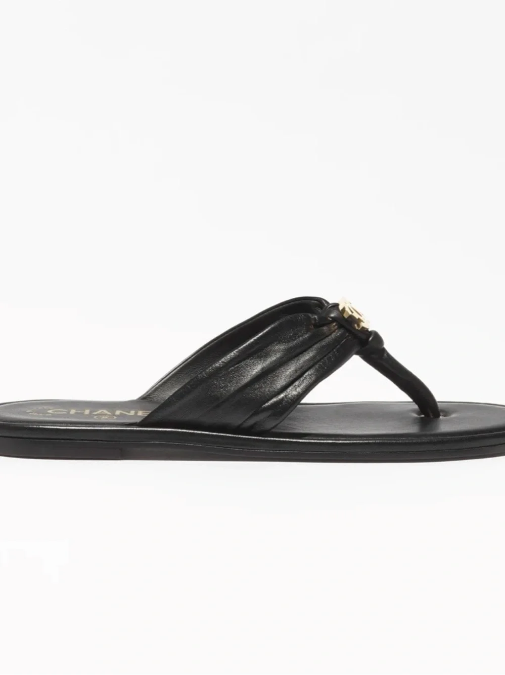 CHANEL Black Leather Thong Sandals with Gold CC Medallions